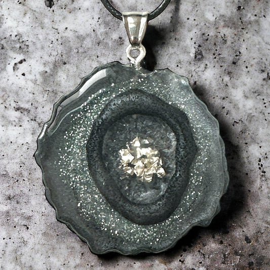 Handmade Resin Black & Silver Geode Pendant Necklace