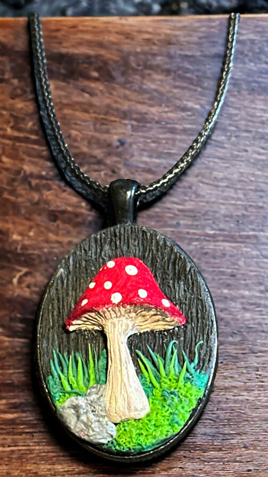 Handmade Polymer Clay Mushroom Pendant Necklace