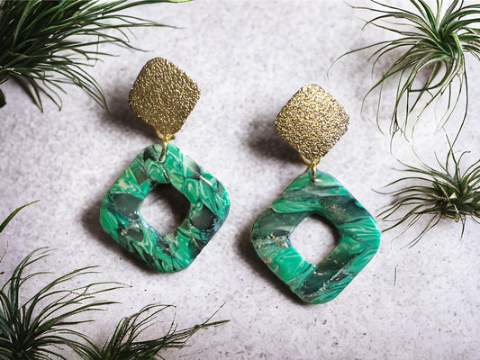 Polymer Clay, Dangles, Green, Gold and Black Marble