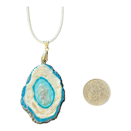 Handmade Polymer Clay Geode Blue, White and Silvev Pendant Necklace